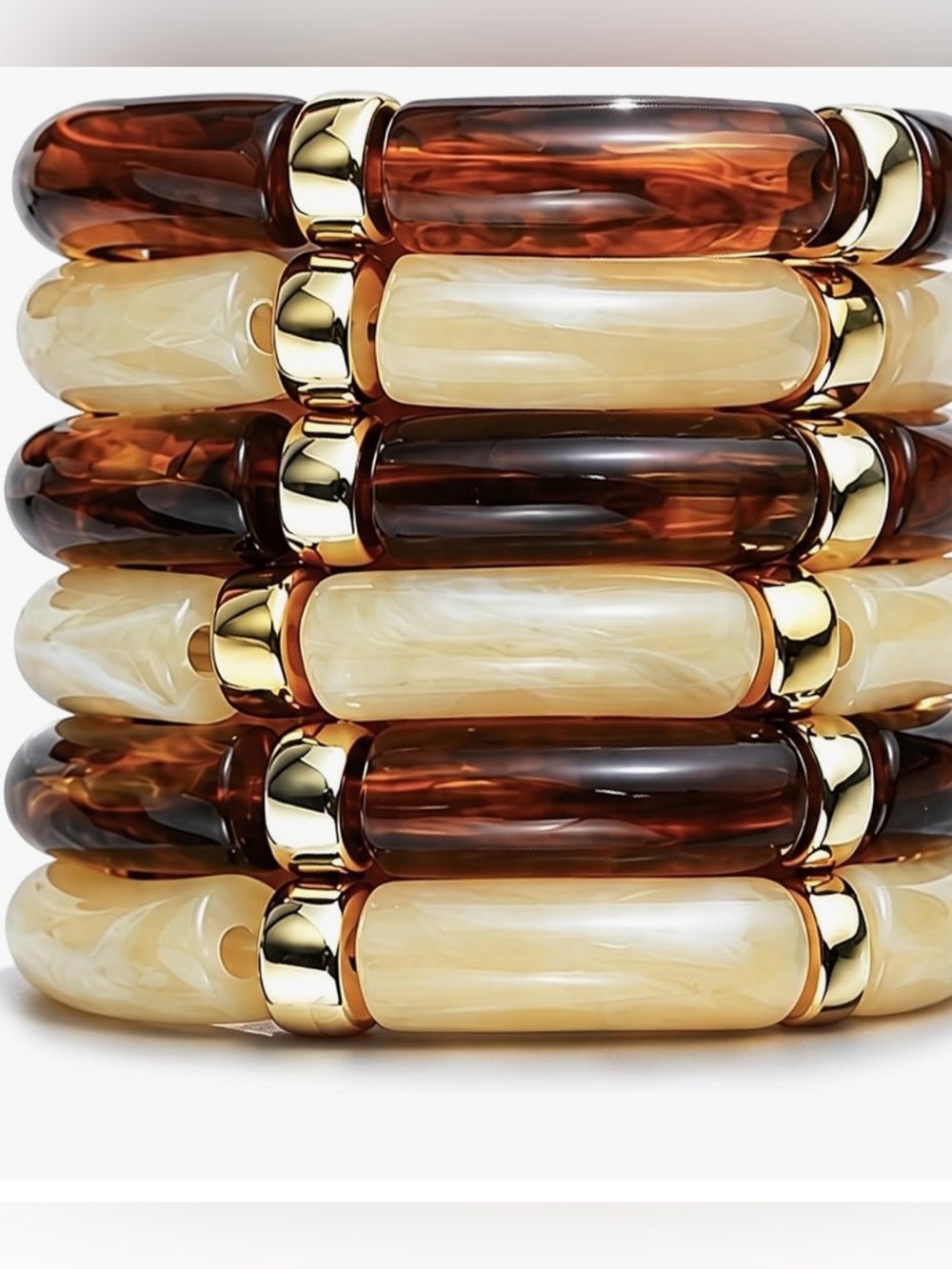 6pc Chunky Marbled Resin Bangle Set-Tortoise & Cream Gold-Tone Bracelet Stack